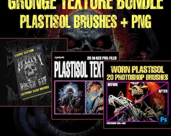 May include: A digital bundle featuring grunge texture plastisol brushes and PNG files. The promotional graphic displays text including GRUNGE TEXTURE BUNDLE, PLASTISOL BRUSHES + PNG, 20 HI-RES PNG FILES, and WORN PLASTISOL 20 PHOTOSHOP BRUSHES.