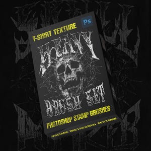 Könnte beinhalten: Eine digitale Produktbox mit der Aufschrift T-SHIRT TEXTURE HEAVY BRUSH SET PHOTOSHOP STAMP BRUSHES VINTAGE DISTRESSED TEXTURE mit einer weißen Grafik eines Schädels umgeben von Stacheldraht auf schwarzem Grund und einem blauen Ps-Symbol.
