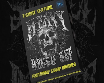 May include: A digital product box labeled T-SHIRT TEXTURE HEAVY BRUSH SET PHOTOSHOP STAMP BRUSHES VINTAGE DISTRESSED TEXTURE with a white graphic of a skull surrounded by barbed wire on a black background and a blue Ps icon in the corner.