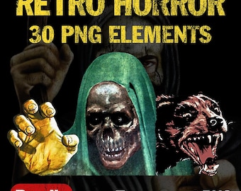 May include: A digital graphic collection titled RETRO HORROR 30 PNG ELEMENTS featuring a green-hooded skull, a yellow clawed hand, and a snarling dark animal. The text BUNDLE and Transparent PNG are visible on a dark background with a hooded figure.