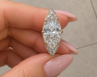 Anillo de compromiso con diamante cultivado en laboratorio talla marquesa de 2 quilates, anillo con halo oculto, anillo de oro macizo de 14 quilates, diamante certificado por IGI, anillo nupcial.