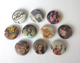 Set of 10 Handmade Upcycled Pins Buttons from Comic Books - 1.25"