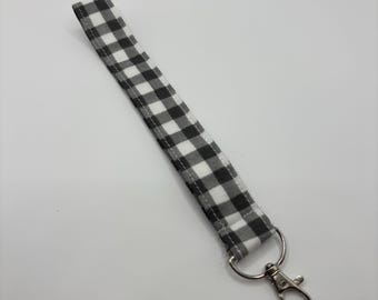 Upcycled Cotton Fabric Wristlet Keychain Black and White Check - 7"