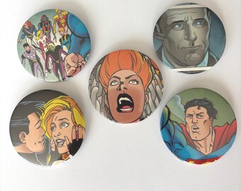 Set of 5 Handmade Upcycled Pins Buttons from Comic Books - 2.25"