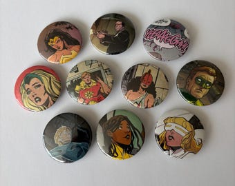 Set of 10 Handmade Upcycled Pins Buttons from Comic Books - 1.25"