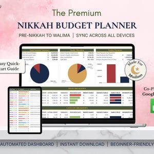 May include: A digital Nikkah budget planner displayed on a laptop and tablet screen, featuring financial summary charts, tables, and the text "The Premium NIKKAH BUDGET PLANNER," "Easy Quick-Start Guide," "Made For Muslims," and "Co-Plan with Google Sheets."