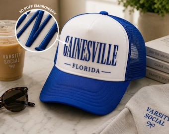 3D Puff Embroidery Gainesville Florida Trucker Hat | College Town Hat | Football Weekend Cap | Vintage Mesh Snapback | Tailgate Apparel