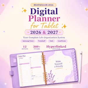 May include: A digital planner for tablet 2026 & 2027 with a lavender cover, gold spiral binding, and a white stylus. The open planner displays a daily plan page and a page with the text Make Yourself a Priority, featuring 12 sections and tabs.
