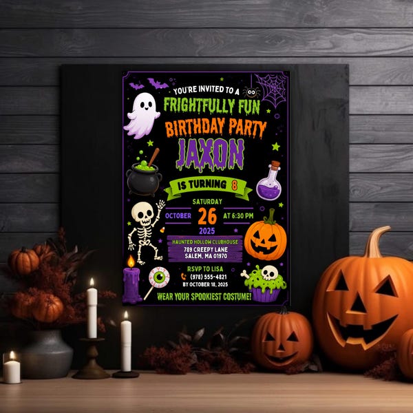 Halloween Birthday Invitation Template, Spooky Kids Party Invite, Editable Canva Black Green Halloween Invitation