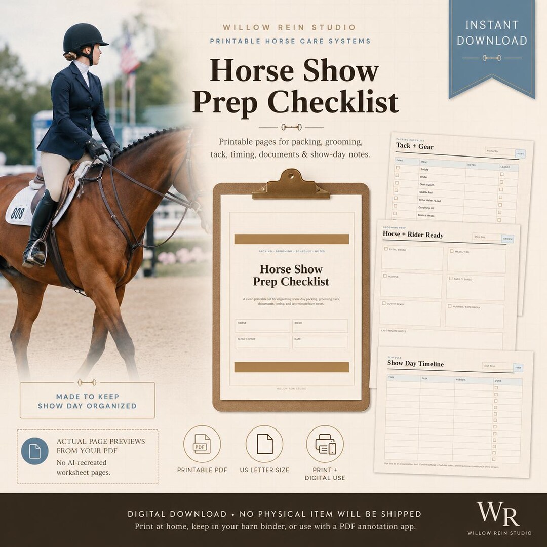 Horse Show Prep Checklist Printable, Equestrian Packing List PDF, Tack ...