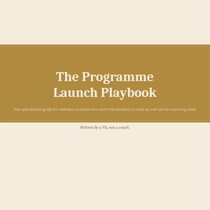 Puede incluir: Portada de libro con el título "The Programme Launch Playbook" en texto blanco sobre fondo dorado. El texto "VAPA LONDON" está en la parte superior y "VAPA.UK" en la inferior. La portada es una guía para entrenadores de bienestar.