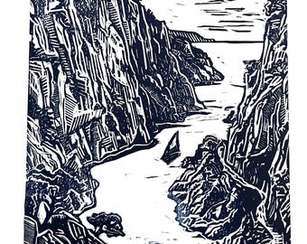 Linocut of the Calanque d’En-Vau – Marseille and Cassis – drawing, engraving and handmade art print – A4 format & 30x40 mat