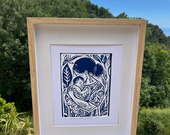 Originele linoleumsnede "Moeder en kind" - Kunstprint volledig handgemaakt. Blauw of zwart.