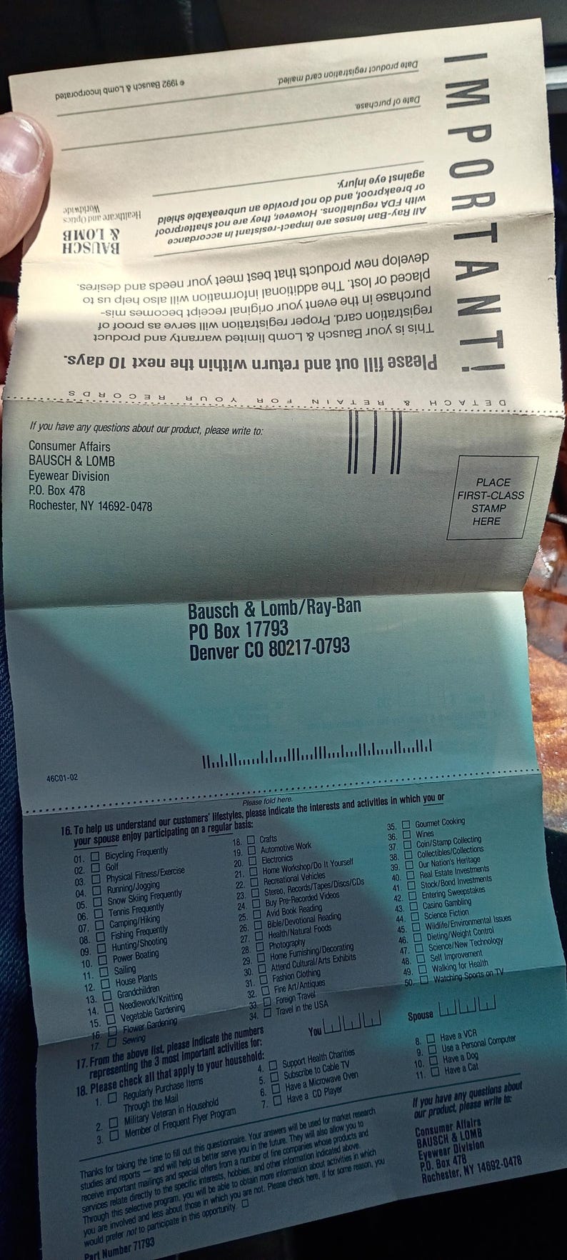 May include: A folded Bausch & Lomb/Ray-Ban warranty and product registration card. The card includes a section for customer lifestyle interests and activities, and a place to affix a first-class stamp.