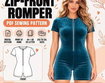 Schnittmuster für einen Jumpsuit mit Reißverschluss vorne (PDF), taillierter Kurzarm-Spielanzug, Größen 2XS–2XL