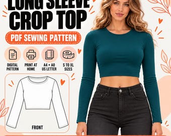 Naaipatroon voor een crop top met lange mouwen (PDF), getailleerd T-shirt voor dames, top met ronde hals van stretchjersey, maten XS–3XL, A4 (VS Letter A0) downloaden