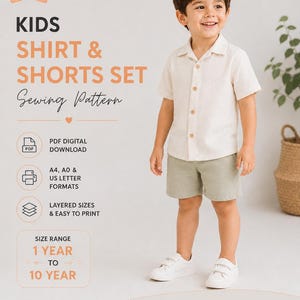 Patron de couture PDF pour chemise et short enfant | Ensemble garçon, tailles 1 à 10 ans | Niveau débutant | Formats A4, A0 et Lettre US | Téléchargement instantané