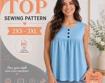 Könnte beinhalten: Ein digitales Schnittmuster für ein ärmelloses Oberteil aus hellblauem Stoff mit kleinen weißen Sternen. Das Oberteil hat einen Rundhalsausschnitt mit drei schwarzen Knöpfen. Der Text auf dem Bild lautet TOP SEWING PATTERN 2XS-3XL.