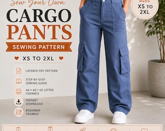 Könnte beinhalten: Ein digitales Schnittmuster für eine blaue Cargohose mit großen Seitentaschen. Der Text lautet: Sew Your Own CARGO PANTS SEWING PATTERN, XS TO 2XL, LAYERED PDF PATTERN, STEP-BY-STEP SEWING GUIDE, A4 A0 US LETTER FORMATS, INSTANT DOWNLOAD, BEGINNER FRIENDLY.