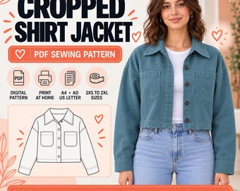 Könnte beinhalten: Eine kurz geschnittene Hemdjacke in Blaugrün mit Kragen, langen Ärmeln und zwei Brusttaschen. Der Text lautet CROPPED SHIRT JACKET, PDF SEWING PATTERN, DIGITAL PATTERN, PRINT AT HOME, A4 A0 US LETTER, 2XS TO 2XL SIZES und CROPPED SHIRT JACKET.