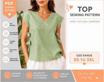 Könnte beinhalten: Ein hellgrünes Oberteil mit weißem Blumenmuster, V-Ausschnitt, kurzen Ärmeln und seitlichen Bindebändern. Das Bild enthält den Text: PDF SEWING PATTERN, TOP SEWING PATTERN, EASY, STYLISH, EVERYDAY, SIZE RANGE XS TO 3XL, BEGINNER FRIENDLY, RELAXED FIT, COMFORTABLE, FLATTERING, TIMELESS DESIGN, Sew your style, every day.