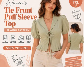 Könnte beinhalten: Ein Schnittmuster für ein salbeigrünes Oberteil mit Puffärmeln, Kragen und einer Bindung vorne. Die Grafik enthält Informationen zu den Größen 2XS bis 7XL sowie zu den Druckformaten A4, US Letter und A0 für das Nähen des Kleidungsstücks.