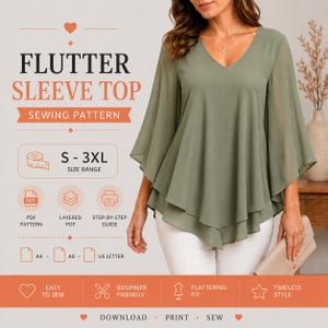 Puede incluir: Un top verde salvia con mangas con volantes y cuello en V. La imagen incluye el texto "FLUTTER SLEEVE TOP SEWING PATTERN" y "S-3XL SIZE RANGE". Texto adicional indica que el patrón es fácil de coser, apto para principiantes y ofrece un ajuste favorecedor.