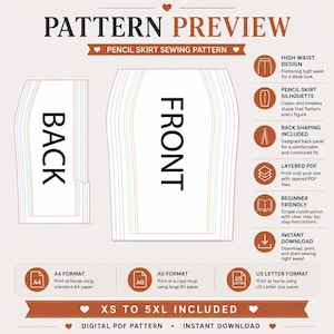 Pencil skirt PDF sewing pattern with front and back pattern pieces, high waisted skirt digital pattern, layered PDF files, printable sewing template in A4, A0 and US Letter formats.