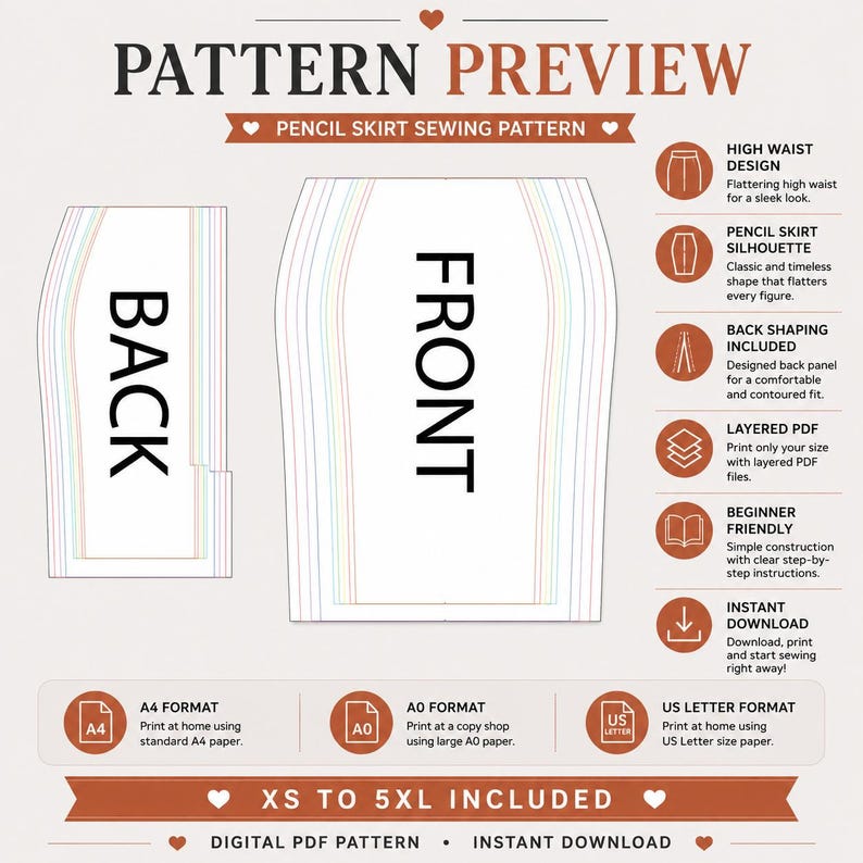 Pencil skirt PDF sewing pattern with front and back pattern pieces, high waisted skirt digital pattern, layered PDF files, printable sewing template in A4, A0 and US Letter formats.