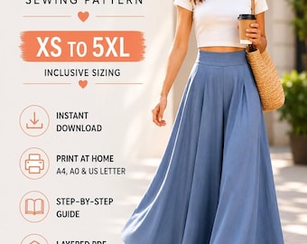May include: A woman wearing high-waisted, wide-leg palazzo pants in a light blue color. The image also features a sewing pattern for wide-leg palazzo pants, with text indicating sizes XS to 5XL, instant download, print at home, and a step-by-step guide.