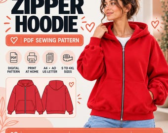 Könnte beinhalten: Ein roter Kapuzenpullover mit Reißverschluss, Kapuze, langen Ärmeln und Vordertaschen. Das Bild enthält den Text: ZIPPER HOODIE, PDF SEWING PATTERN, DIGITAL PATTERN, PRINT AT HOME, A4 AO US LETTER, S TO 4XL SIZES und eine technische Zeichnung.