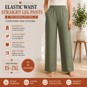 Mönster för raka byxor i PDF-format | Mönster för byxor med resår i midjan för dam | Loungebyxor med avslappnad passform | Casual pull-on-byxor | XS-2XL