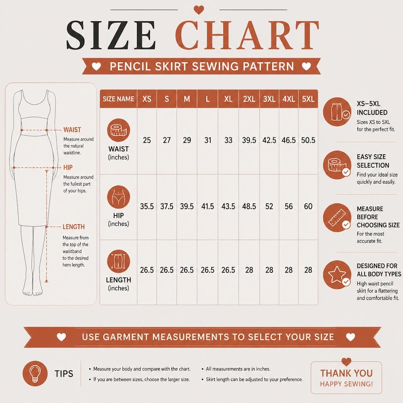 Women’s pencil skirt sewing pattern PDF, fitted office skirt pattern, high waist business skirt sewing template, instant download digital pattern, sizes XS to 5XL.