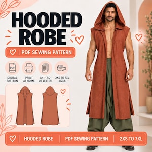 May include: A sleeveless hooded robe PDF sewing pattern featuring a rust-colored garment with side slits. The digital file includes instructions for printing at home on A4 or US Letter paper, with sizing options ranging from 2XS to 7XL.