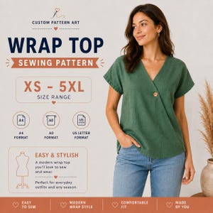Könnte beinhalten: Schnittmuster für ein grünes Wickel-Top, Größen XS-5XL. Das Bild zeigt eine Frau in einem grünen Wickel-Top. Der Text auf dem Bild lautet "Wrap Top Sewing Pattern" und "Easy & Stylish".