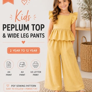 Pode incluir: Uma menina usa um top peplum amarelo e calças de perna larga. A imagem inclui o texto "Kids Peplum Top & Wide Leg Pants" e "2 Year to 12 Year". A imagem também mostra um padrão de costura em PDF.