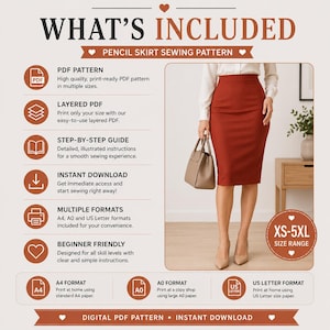 Classic pencil skirt sewing pattern featuring slim silhouette, high waistband, flattering fit and back vent detail, digital PDF sewing pattern for women.