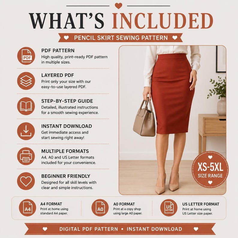 Classic pencil skirt sewing pattern featuring slim silhouette, high waistband, flattering fit and back vent detail, digital PDF sewing pattern for women.