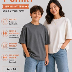 May include: A digital sewing pattern for a boxy fit t-shirt, featuring text: BOXY FIT T-SHIRT, SEWING PATTERN, ADULT & YOUTH SIZES, SIZE RANGE 5XS TO 5XL, BEGINNER FRIENDLY, PDF SEWING PATTERN, A4, A0, US LETTER, SIMPLE. MODERN. MADE FOR EVERYDAY.