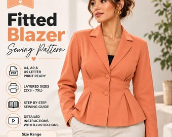 Könnte beinhalten: Ein digitales PDF-Schnittmuster für einen taillierten Blazer. Der Text lautet: PDF DIGITAL PATTERN, Fitted Blazer Sewing Pattern, A4, A0 & US LETTER PRINT READY, LAYERED SIZES (2XS - 7XL), STEP BY STEP SEWING GUIDE, DETAILED INSTRUCTIONS, Size Range 2XS - 7XL.