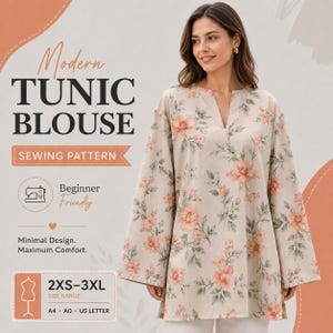 Puede incluir: Un patrón de costura para una túnica moderna en tela beige con estampado floral en tonos melocotón y verde. El diseño incluye un escote en V, mangas largas y anchas, disponible en tallas de 2XS a 3XL para formatos A4, A0 y US letter.
