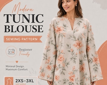 Könnte beinhalten: Ein Schnittmuster für eine moderne Tunika-Bluse aus beigem Stoff mit pfirsichfarbenem und grünem Blumenmuster. Das Modell hat einen V-Ausschnitt, lange weite Ärmel und ist in den Größen 2XS bis 3XL für A4, A0 und US-Letter-Formate erhältlich.