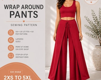 Könnte beinhalten: Ein digitales Schnittmuster für eine Wickelhose, bestehend aus einem dunkelroten ärmellosen bauchfreien Oberteil und einer passenden weiten Hose mit Schlitz vorne und Kordelzug. Die Grafik enthält den Text: PDF SEWING PATTERN, WRAP AROUND PANTS, A4, US LETTER, A0, LAYERED SIZES, PRINT AT HOME, STEP-BY-STEP INSTRUCTIONS und 2XS TO 5XL.