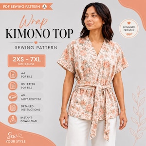Op de afbeelding: Een PDF-naaipatroon voor een wikkel-kimonotop met een bloemenprint. De tekst bevat Wrap Kimono Top, Sewing Pattern, 2XS-7XL Size Range, A4 PDF File, US Letter PDF File, A0 Copy Shop File, Detailed Instructions en Instant Download.