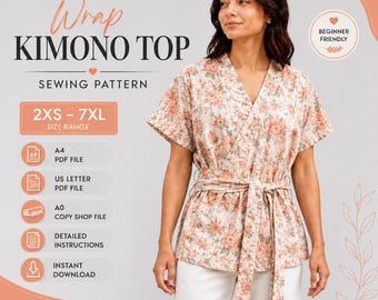 Könnte beinhalten: Ein PDF-Schnittmuster für ein Wickel-Kimonotop mit Blumenmuster. Der Text enthält Wrap Kimono Top, Sewing Pattern, 2XS-7XL Size Range, A4 PDF File, US Letter PDF File, A0 Copy Shop File, Detailed Instructions und Instant Download.