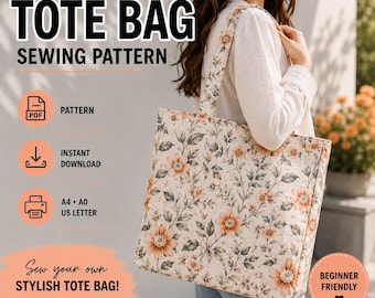 Könnte beinhalten: Ein Tragetaschen-Schnittmuster mit einem cremefarbenen Stoff mit Blumenmuster aus orangefarbenen Blüten und grünen Blättern. Der Text lautet TOTE BAG SEWING PATTERN, PATTERN, INSTANT DOWNLOAD, A4 A0 US LETTER, Sew your own STYLISH TOTE BAG!, BEGINNER FRIENDLY.