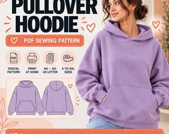 Könnte beinhalten: Ein fliederfarbener Kapuzenpullover mit Kängurutasche und langen Ärmeln. Das Bild enthält den Text: PULLOVER HOODIE, PDF SEWING PATTERN, DIGITAL PATTERN, PRINT AT HOME, A4 AO US LETTER, S TO 4XL SIZES sowie eine technische Strichzeichnung.