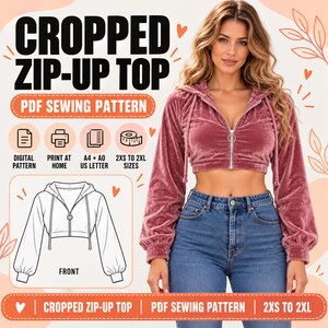 Cropped Zip-Up Hoodie Sewing Pattern PDF, Y2K Style, 2XS–2XL, A0 A4 US Letter