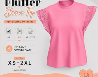 Könnte beinhalten: Ein leuchtend pinkfarbenes Oberteil mit Flatterärmeln, hohem Ausschnitt und strukturierten Spitzenärmeln. Das Bild enthält den Text: Flutter Sleeve Top, PDF Sewing Pattern, A4, A0, US Letter, Instant Download, Sizes XS-2XL, Layered Sizes, Print at home.