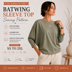 以下が含まれることがあります： バットウィングスリーブトップのPDF型紙。テキストには、PDF SEWING PATTERN, BATWING SLEEVE TOP, Sewing Pattern, PDF PATTERN, LAYERED PDF, STEP-BY-STEP GUIDE, SIZE RANGE XS TO 2XL, A4, A0, US LETTER FORMAT, BEGINNER FRIENDLY, COMFORTABLE FIT, EASY TO SEW, EVERYDAY STYLEと記載されています。